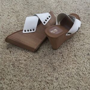 Moschino White and Brown Wedge Mules